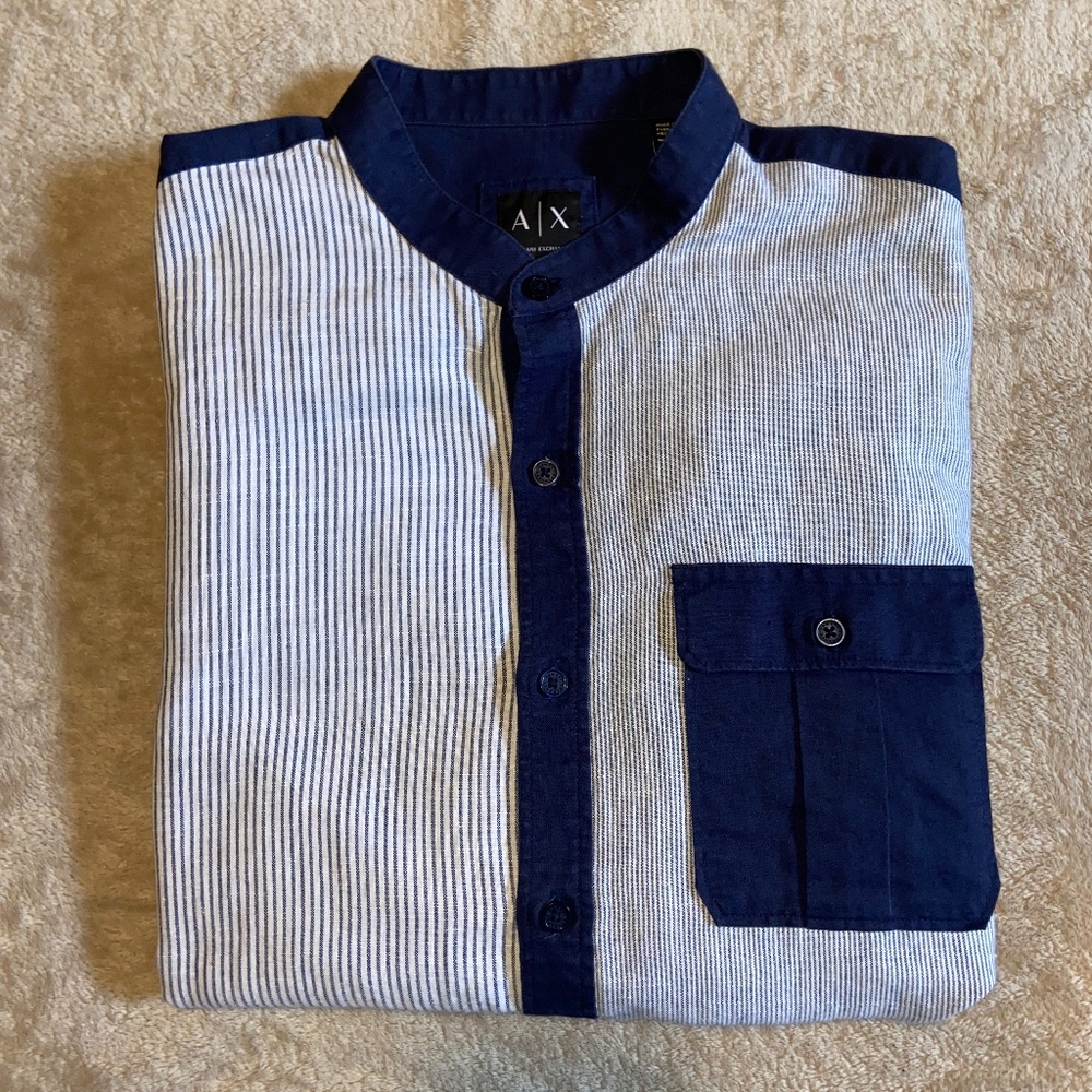 Armani Exchange Blue & White Slim Collarless Shirt, Size M